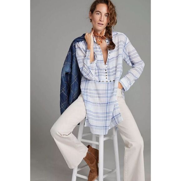 Anthropologie Pilcro & the Letterpress Blue & White Pld Tunic Top Boho, Coastal - Picture 1 of 16